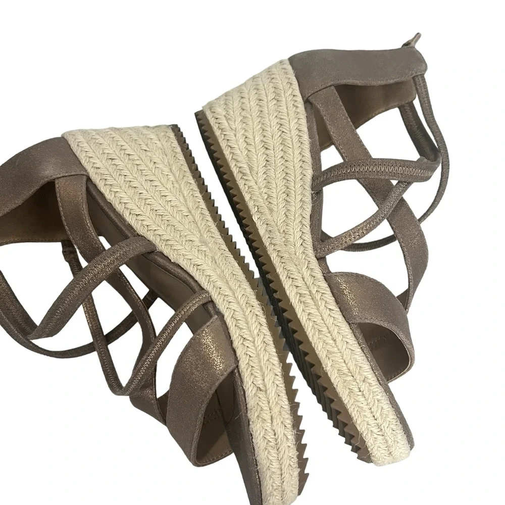 Eileen Fisher‎ Wanda Metallic Leather Wedge Espadrilles Sandals Women Size 8.5